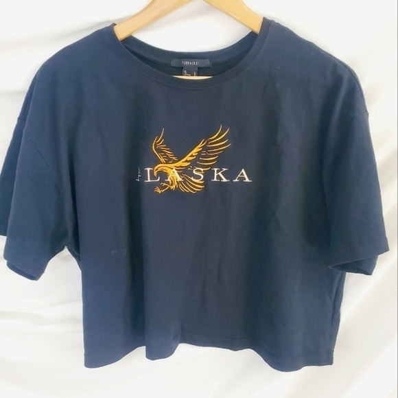 Forever 21 Boxy Cropped Alaska Embroidered Black tee with Eagle, size L - Picture 2 of 5